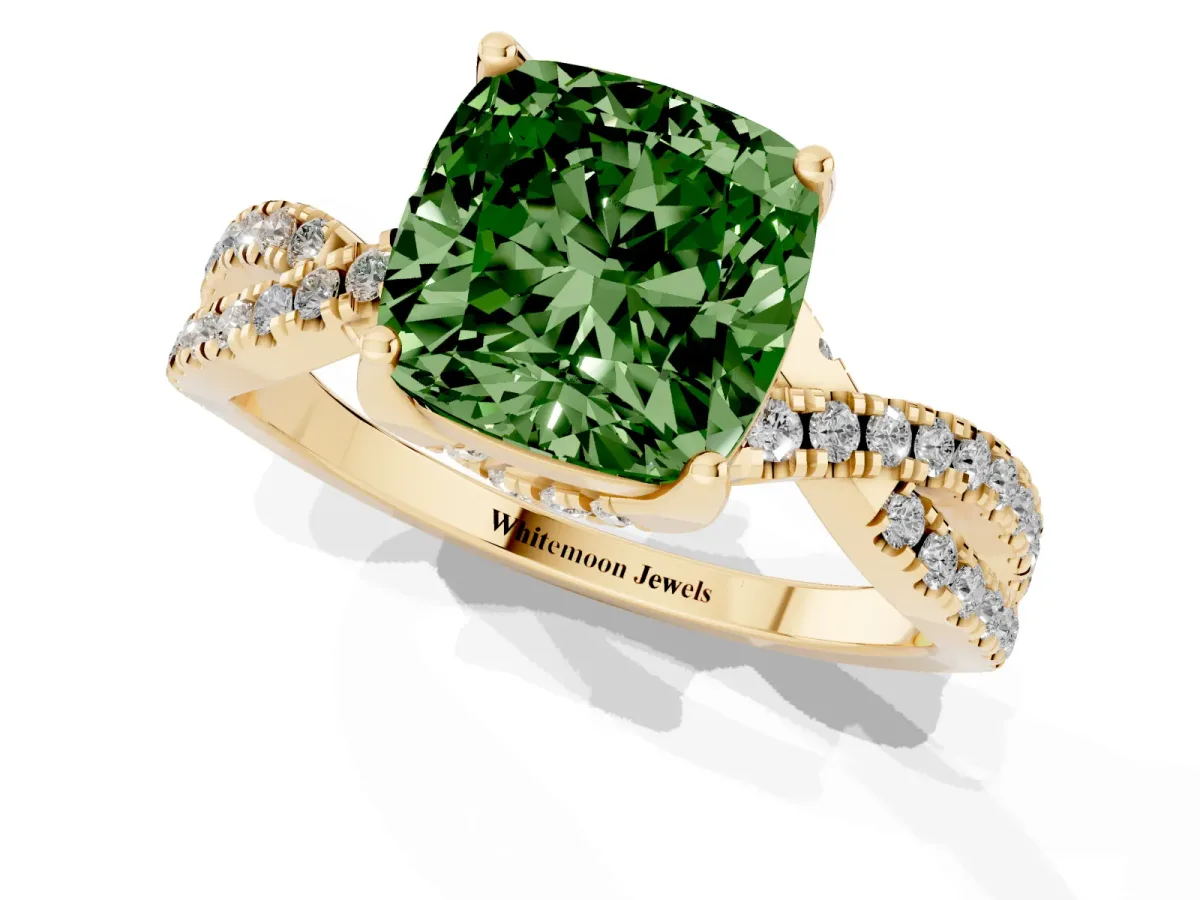 Fancy Green Cushion Cut Solitaire Twist Pave Diamond Engagement Ring with Prong Setting Yellow gold