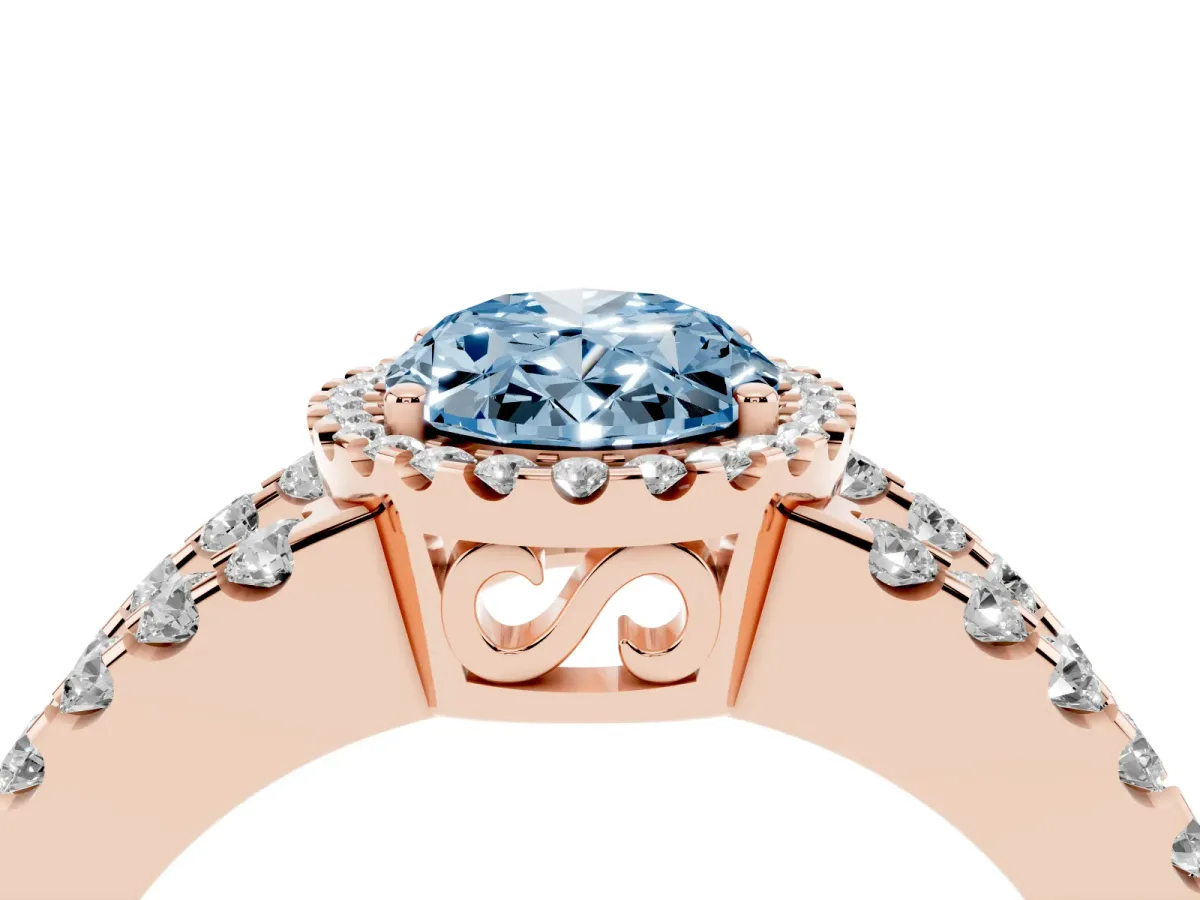 Fancy Blue Oval Cut Cut Halo Split Shank Diamond Ring with Four-Prong Setting Rose gold