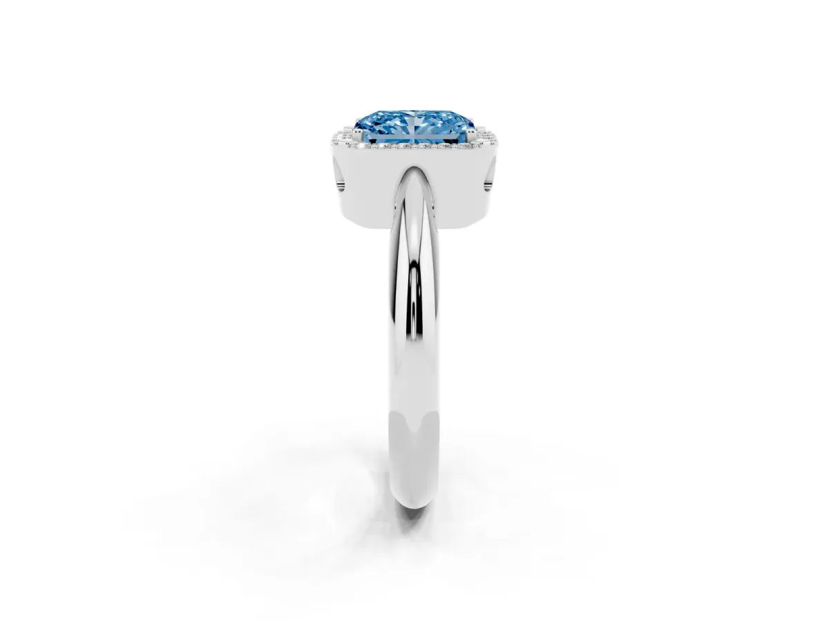 Fancy Blue Radiant Cut Cut Diamond Halo Engagement Ring with Split Shank and Four-Prong Setting Silver