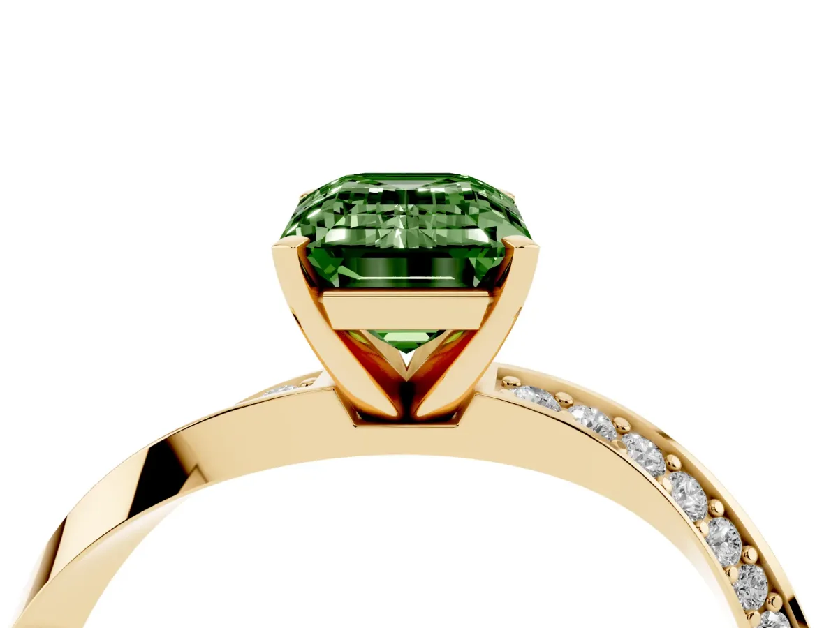 Fancy Green Emerald Cut Diamond Engagement Ring with Side Stone Accents and Four-Prong Setting Yellow gold