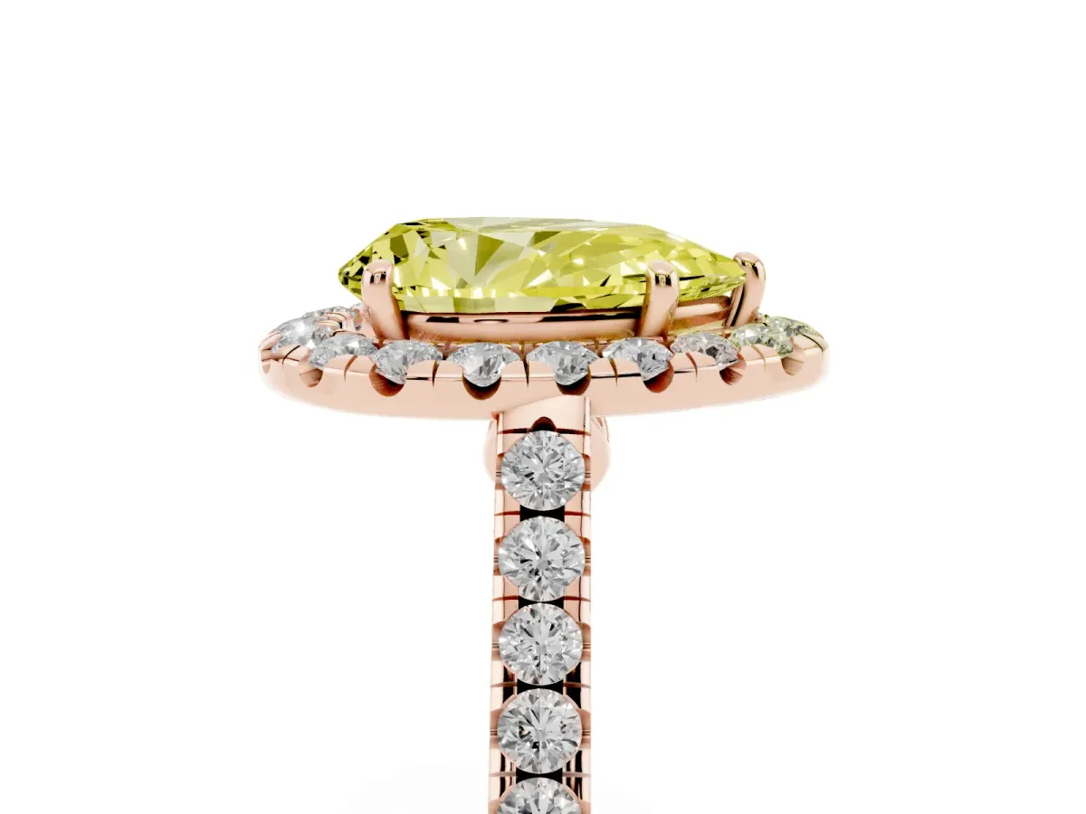 Fancy Yellow Pear Cut Halo Pave Diamond Engagement Ring with Four-Prong Setting Rose gold