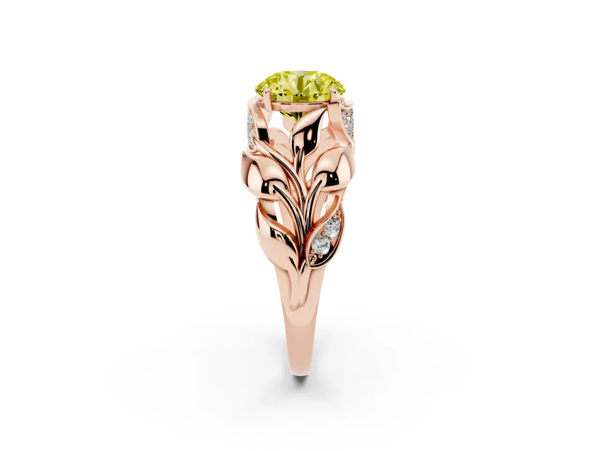 Fancy Yellow Round Cut Diamond Leaf-Inspired Engagement Ring with Round Accents and Prong Setting Rose gold