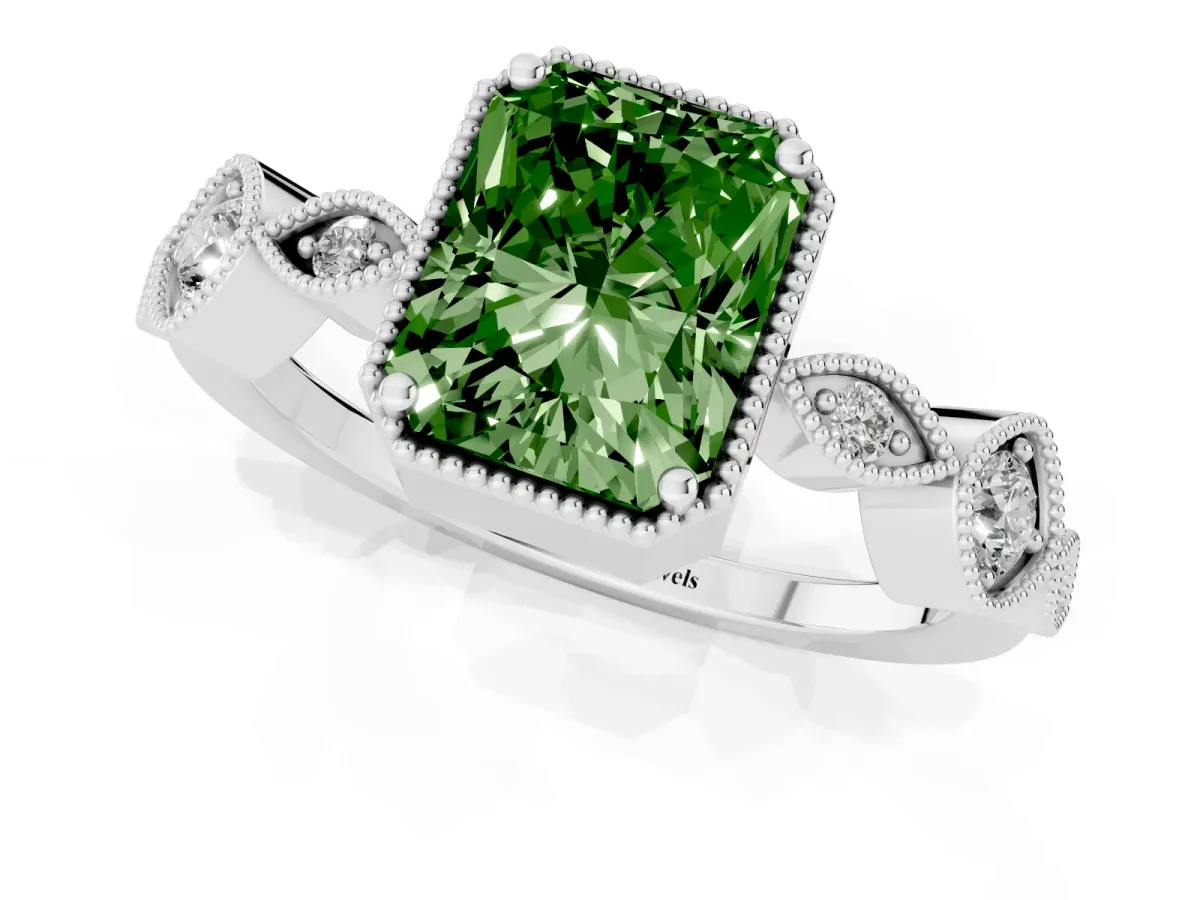 Fancy Green Radiant Cut Diamond Vintage Milgrain Ring with Round Stations Silver