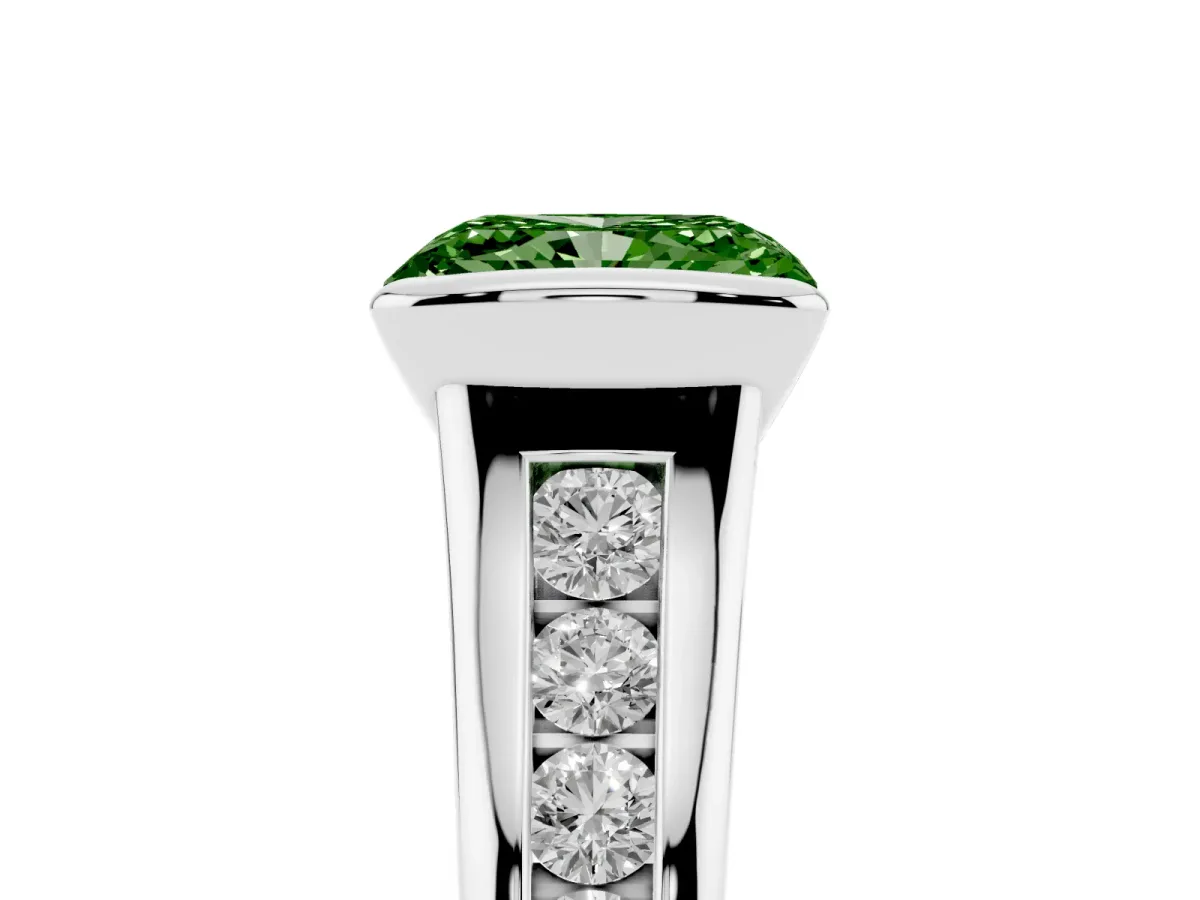Fancy Green Radiant Cut Solitaire Bezel-Set Diamond Ring with Channel-Set Band Silver
