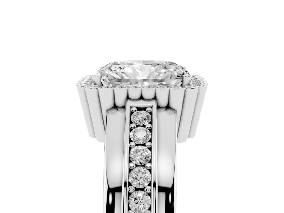 Radiant Cut Cut Halo Pave Band Four-Prong Ring Silver