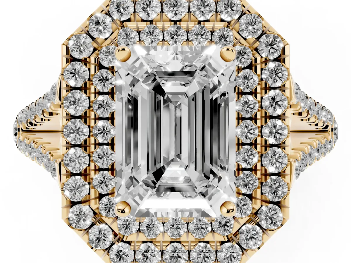 Emerald Cut Diamond Double Halo Ring with Pavé Band and Prong Setting Yellow gold