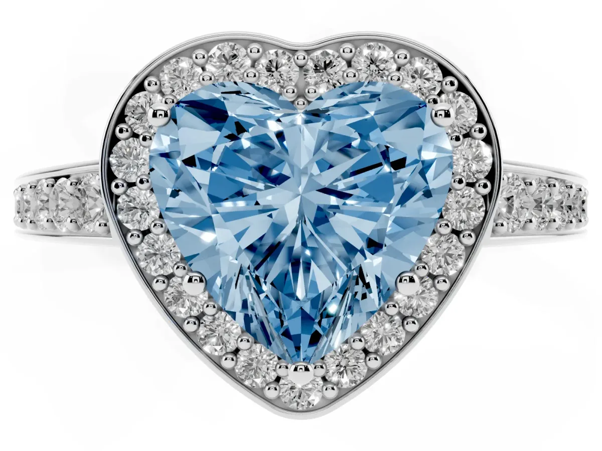 Fancy Blue Heart Cut Halo Pavé Diamond Engagement Ring with Bezel Setting Platinum
