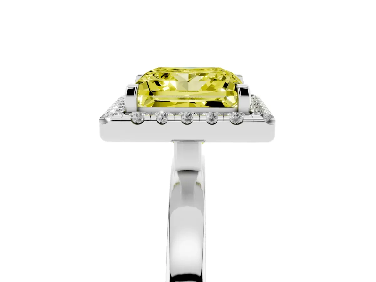 Fancy Yellow Princess Cut Halo Diamond Solitaire with Pavé Band and Four-Prong Setting White gold
