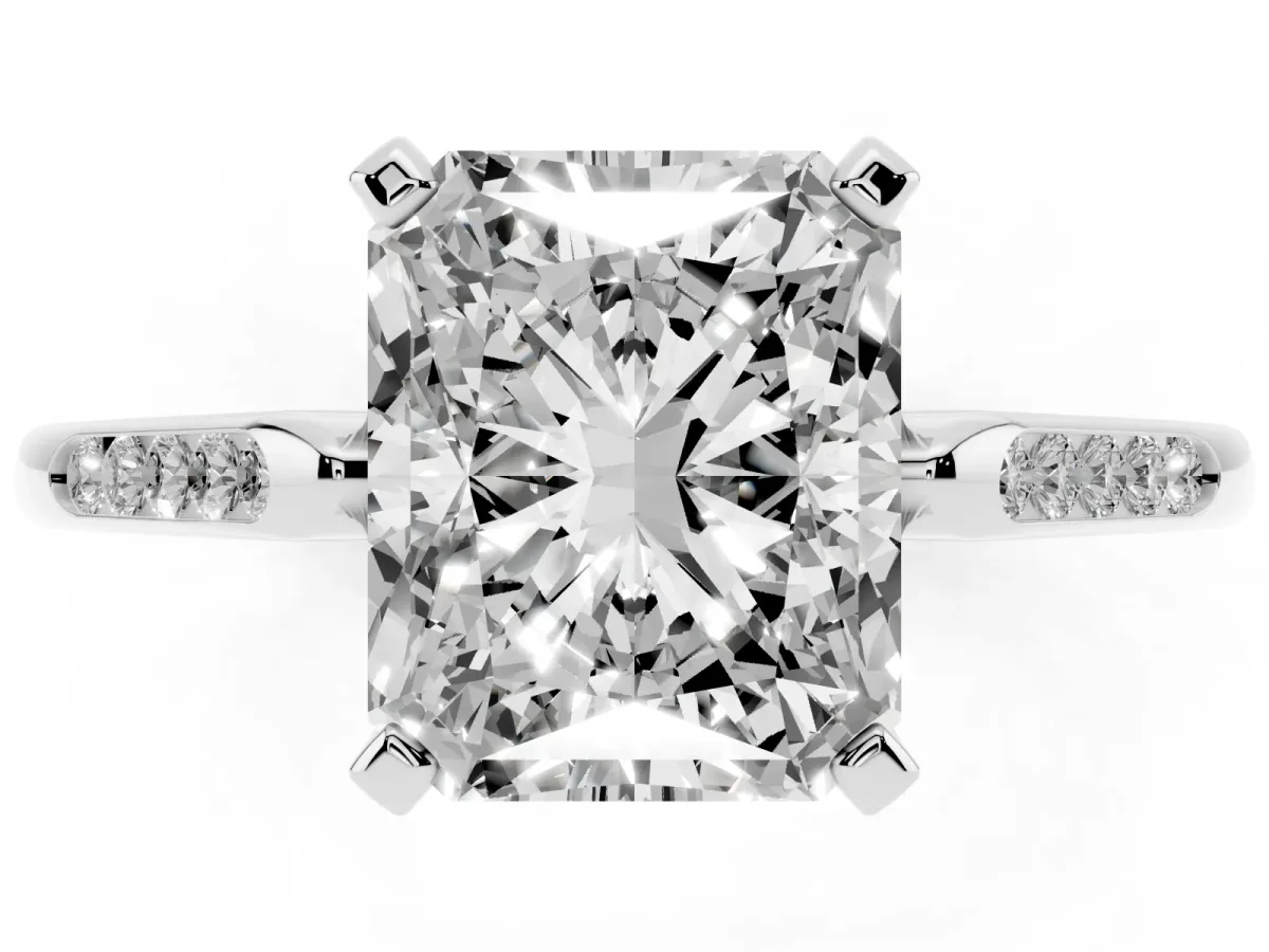 Radiant Cut Diamond Solitaire Ring with Channel Set Round Band and Prong Setting Silver