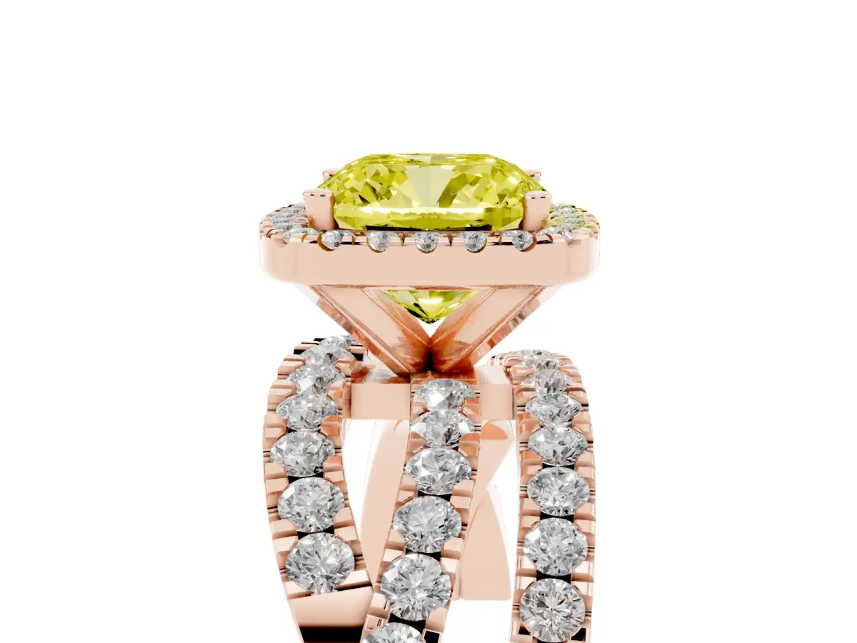 Fancy Yellow Cushion Cut Diamond Halo Ring with Round Split Shank and Prong Setting Rose gold