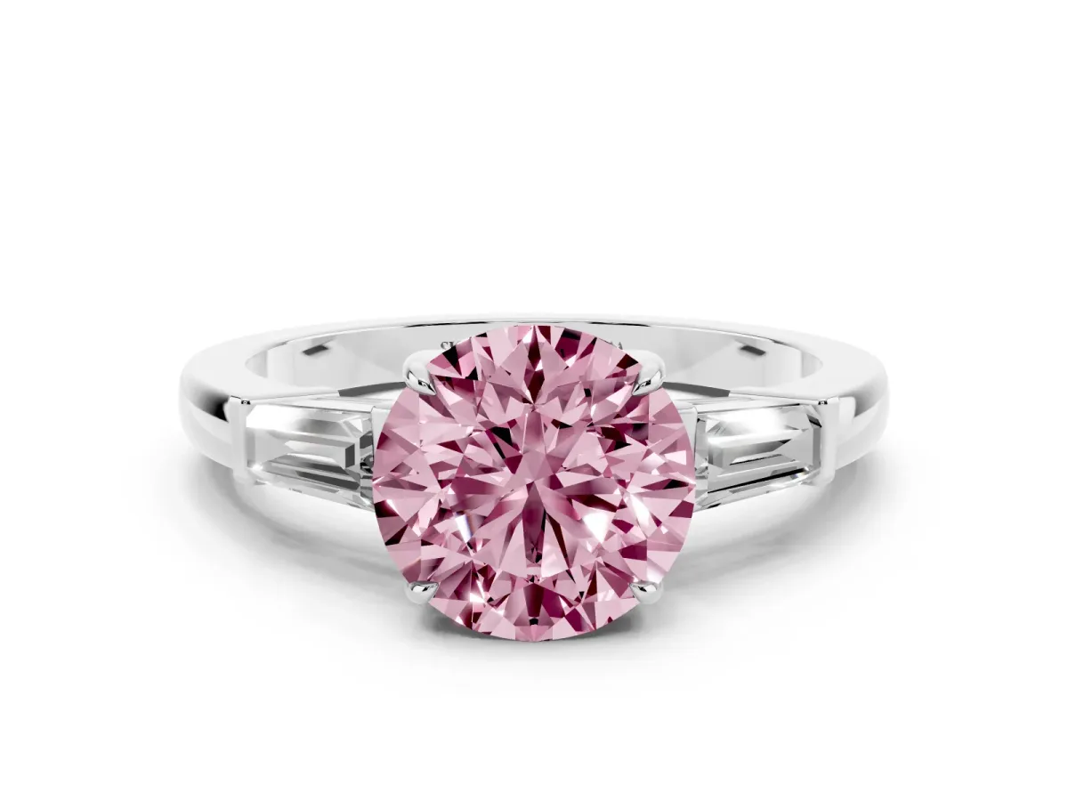 Fancy Pink Round Cut Diamond Three-Stone Ring with Tapered Baguette Side Stones and Prong Setting White gold