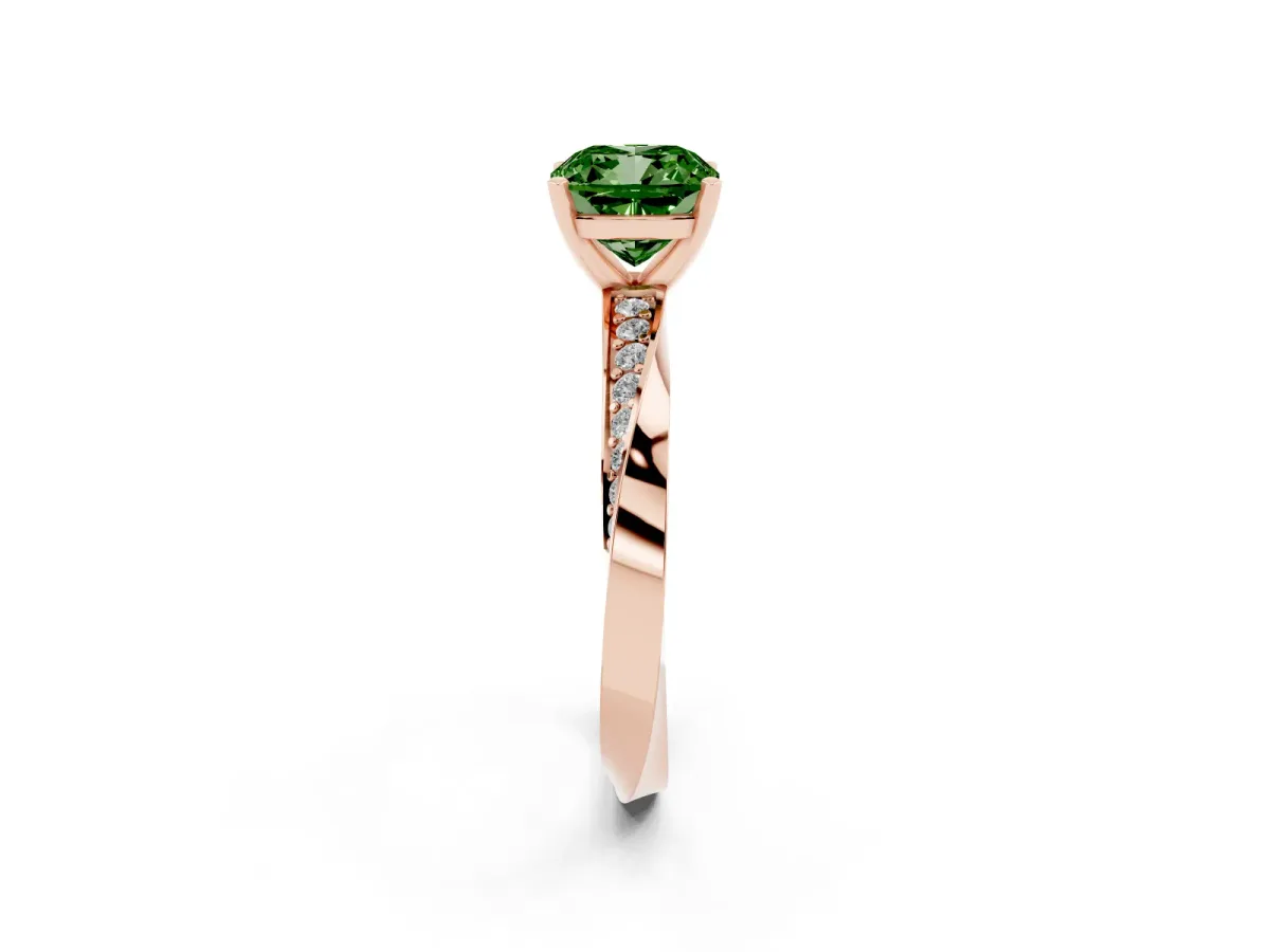 Fancy Green Cushion Cut Diamond Engagement Ring with Side Stone Accents and Four-Prong Setting Rose gold