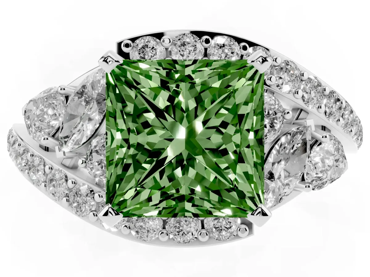Fancy Green Princess Cut Diamond Halo Ring with Marquise and Pavé Band in Prong Setting Silver