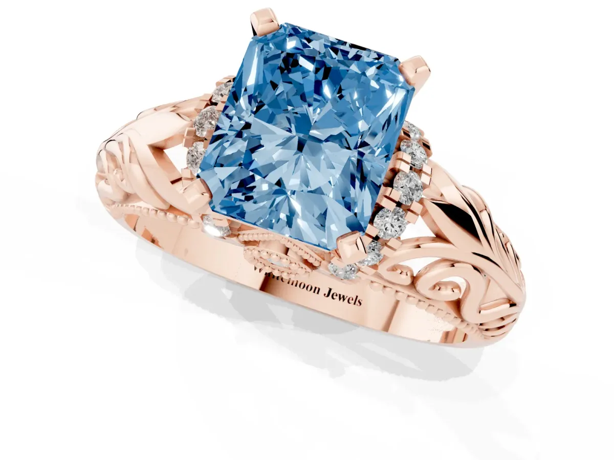 Fancy Blue Radiant Cut Solitaire Filigree Engagement Ring with Halo and Prong Setting Rose gold