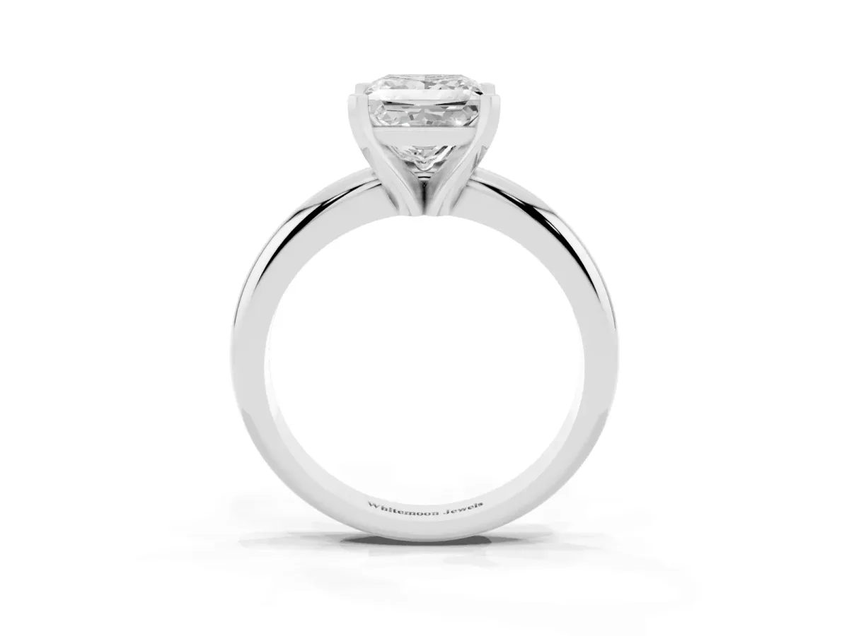 Princess Cut Diamond Solitaire Engagement Ring with Round Band and Four-Prong Setting Silver