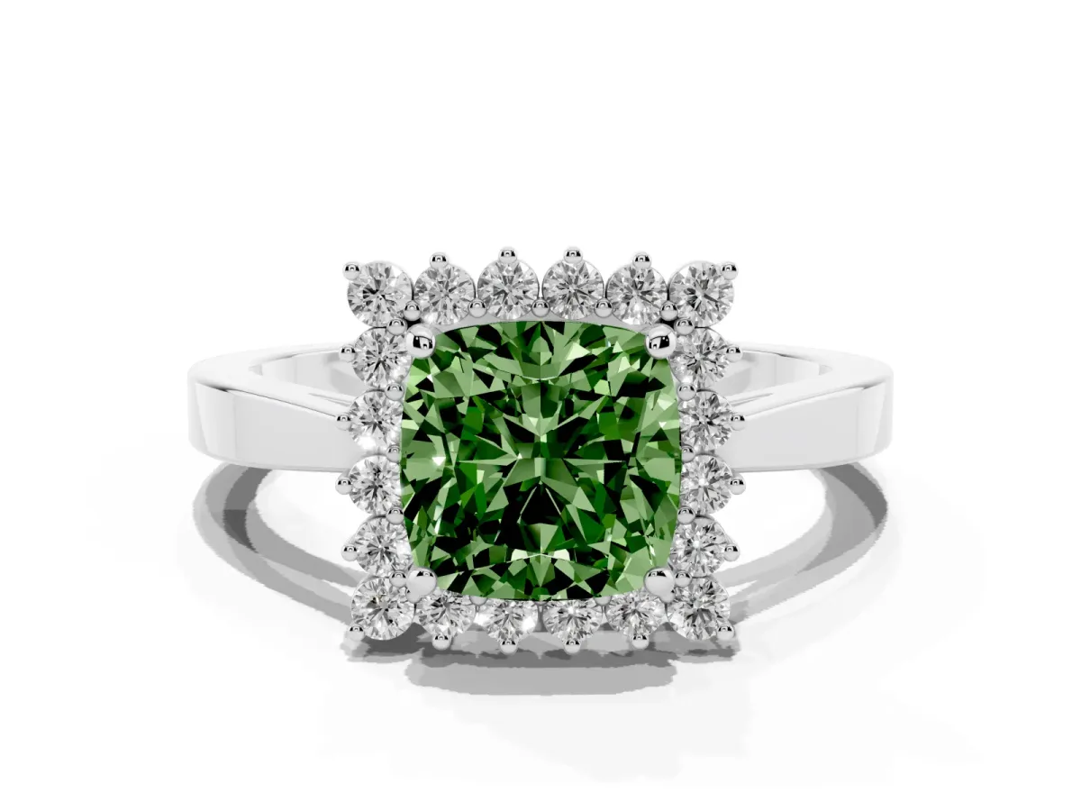 Fancy Green Cushion Cut Cut Diamond Halo Ring with Round Brilliant Halo and Solitaire Band Silver