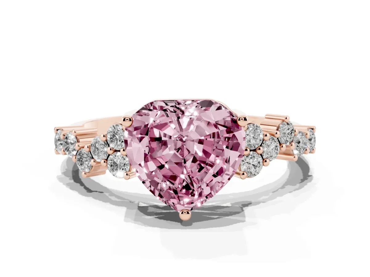 Fancy Pink Heart Cut Diamond Scattered Round Accent Ring with Prong Setting Rose gold