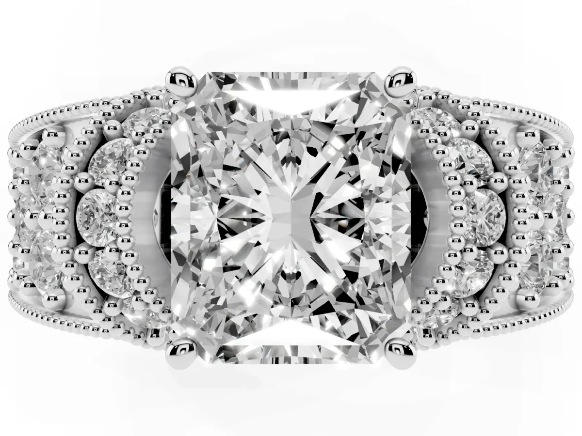 Radiant Cut Halo Pave Diamond Engagement Ring with Milgrain Detailing Platinum
