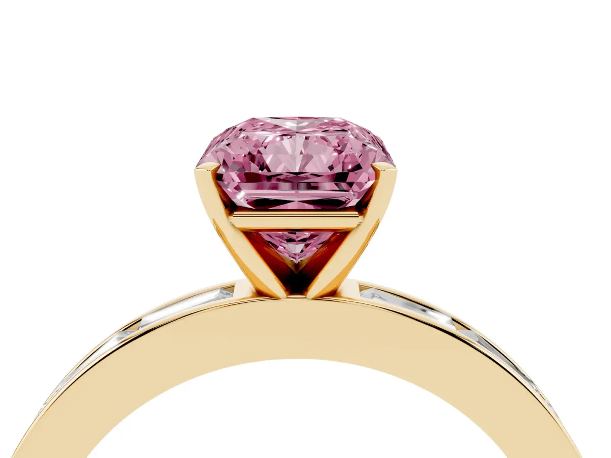 Fancy Pink Radiant Cut Solitaire Diamond Ring with Channel-Set Baguette Band and Four-Prong Setting Yellow gold