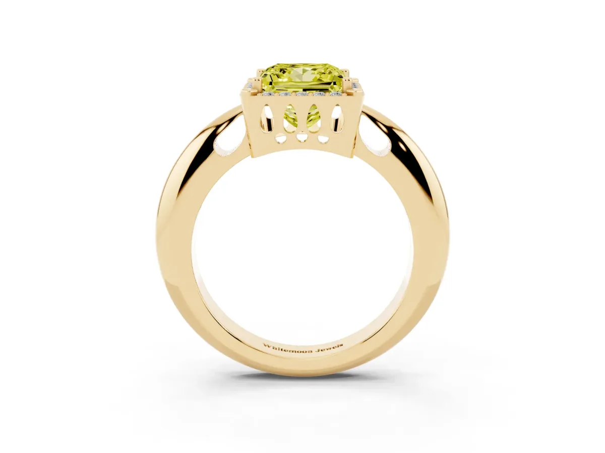 Fancy Yellow Princess Cut Cut Diamond Halo Engagement Ring with Split Shank and Four-Prong Setting Yellow gold