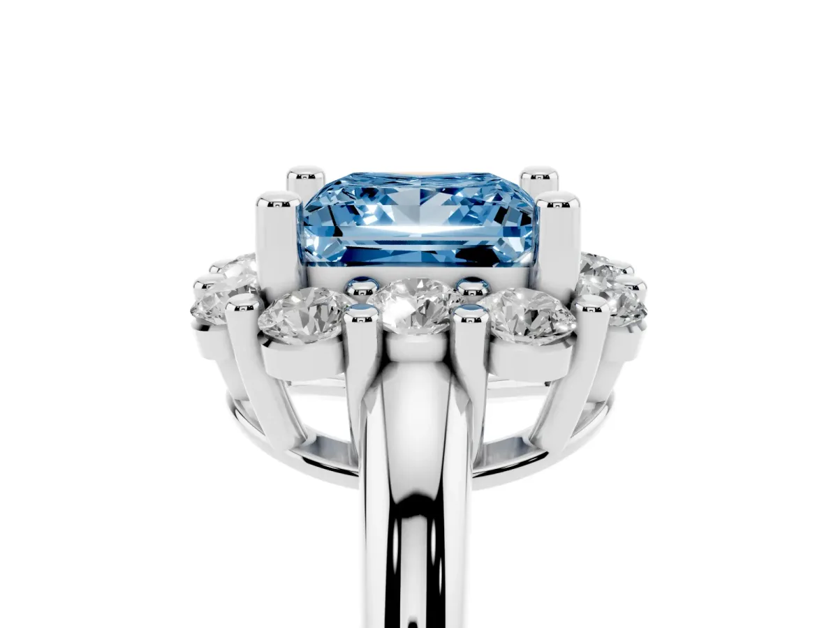 Fancy Blue Princess Cut Halo Cluster Diamond Engagement Ring with Prong Setting and Polished Band Platinum