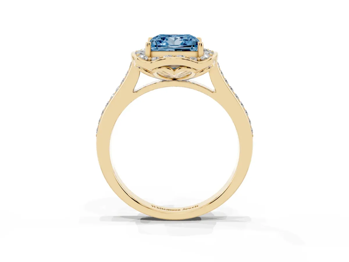 Fancy Blue Princess Cut Halo Round Diamond Pave Band with Four-Prong Setting Yellow gold