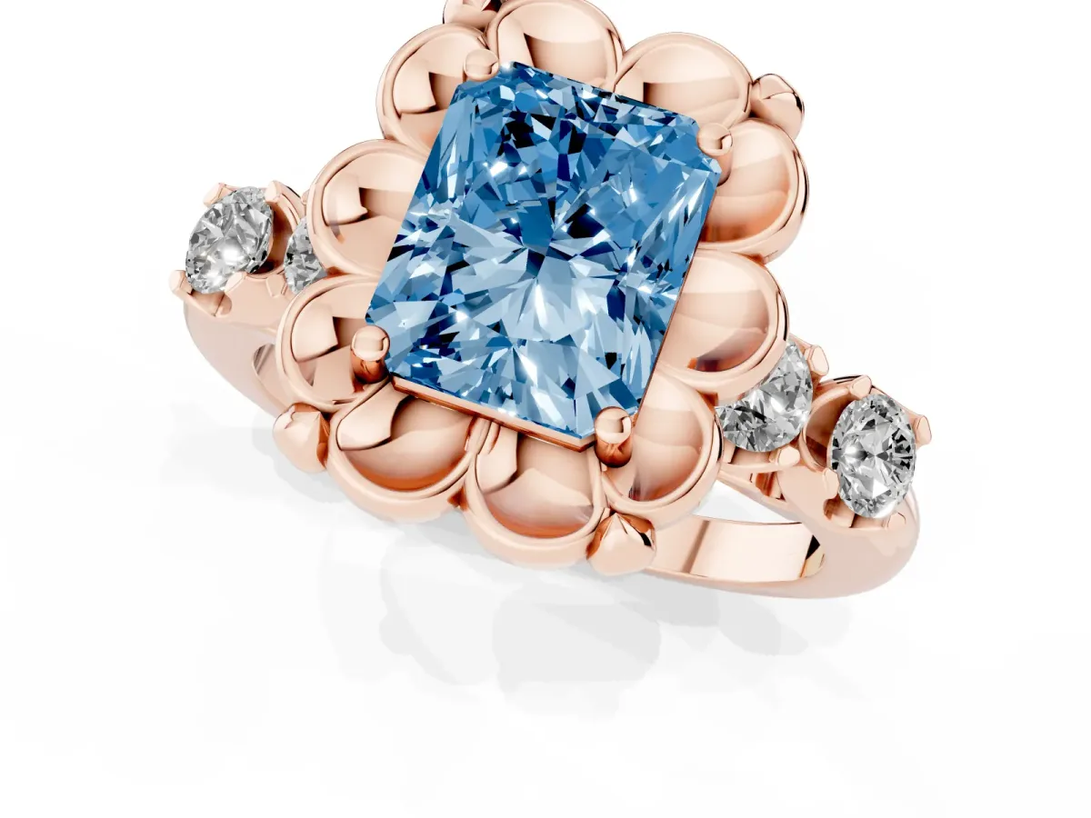 Fancy Blue Radiant Cut Cut Diamond Floral Halo Engagement Ring with Shared Prong Setting Rose gold