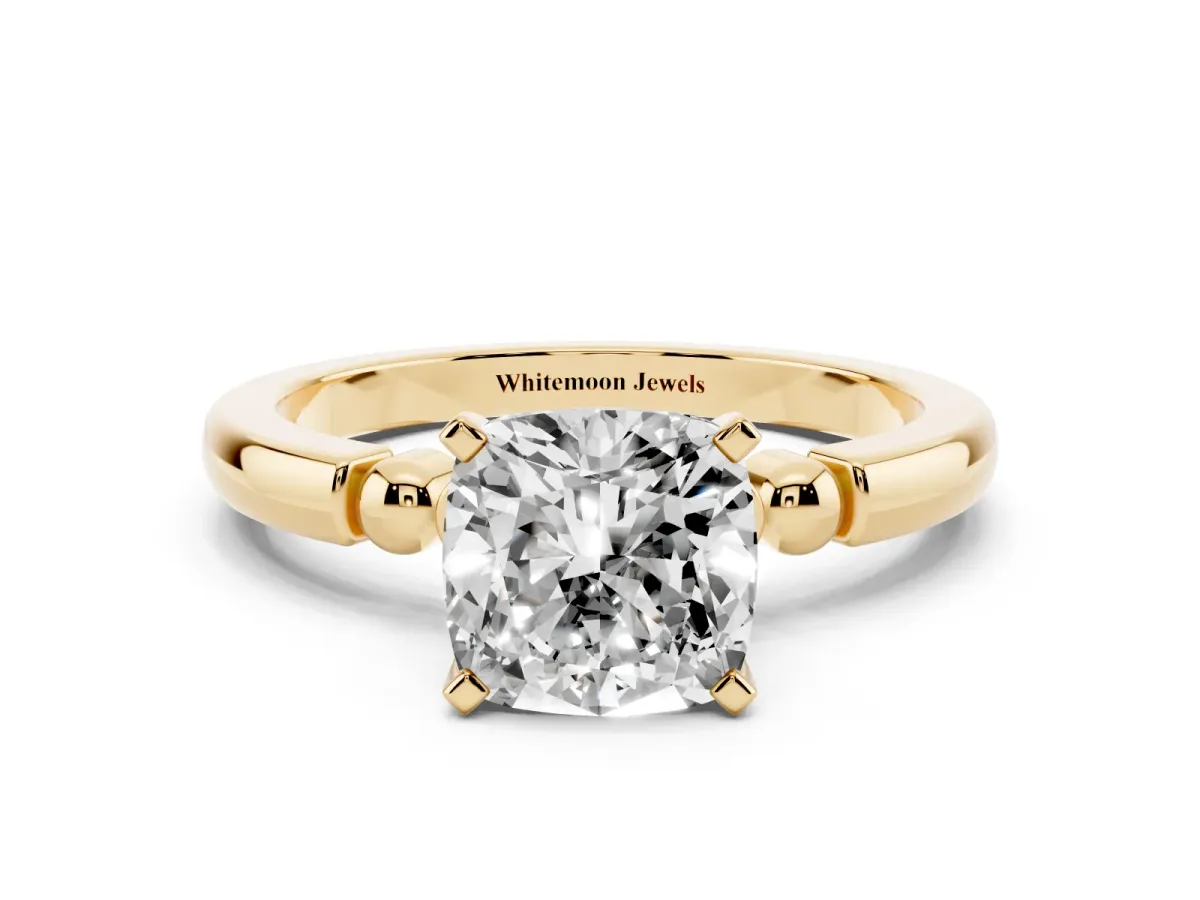 Cushion Cut Solitaire Beaded Band with Four-Prong Setting Yellow gold