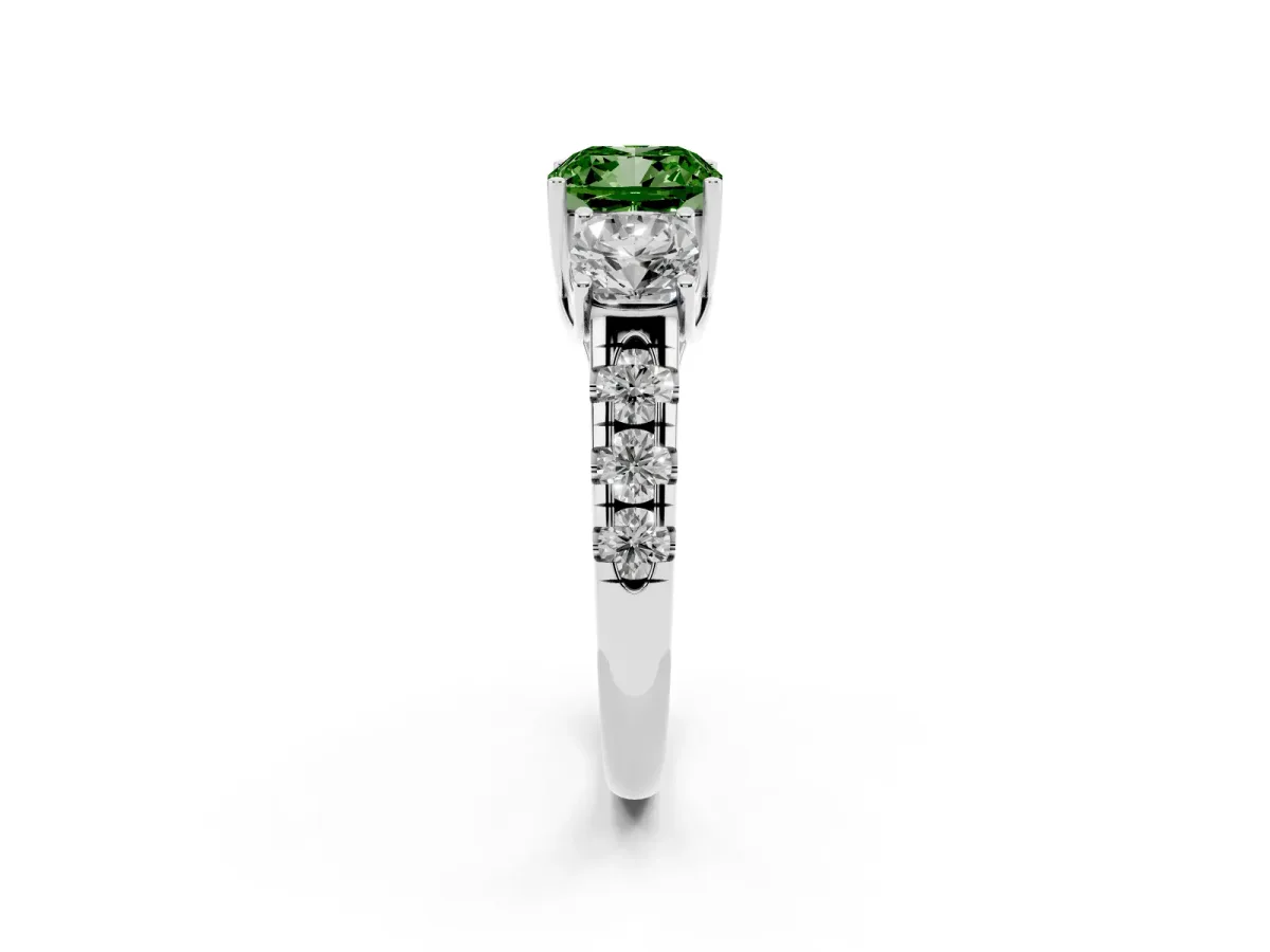 Fancy Green Three-Stone Cushion Cut Diamond Pavé Band with Prong Setting Silver