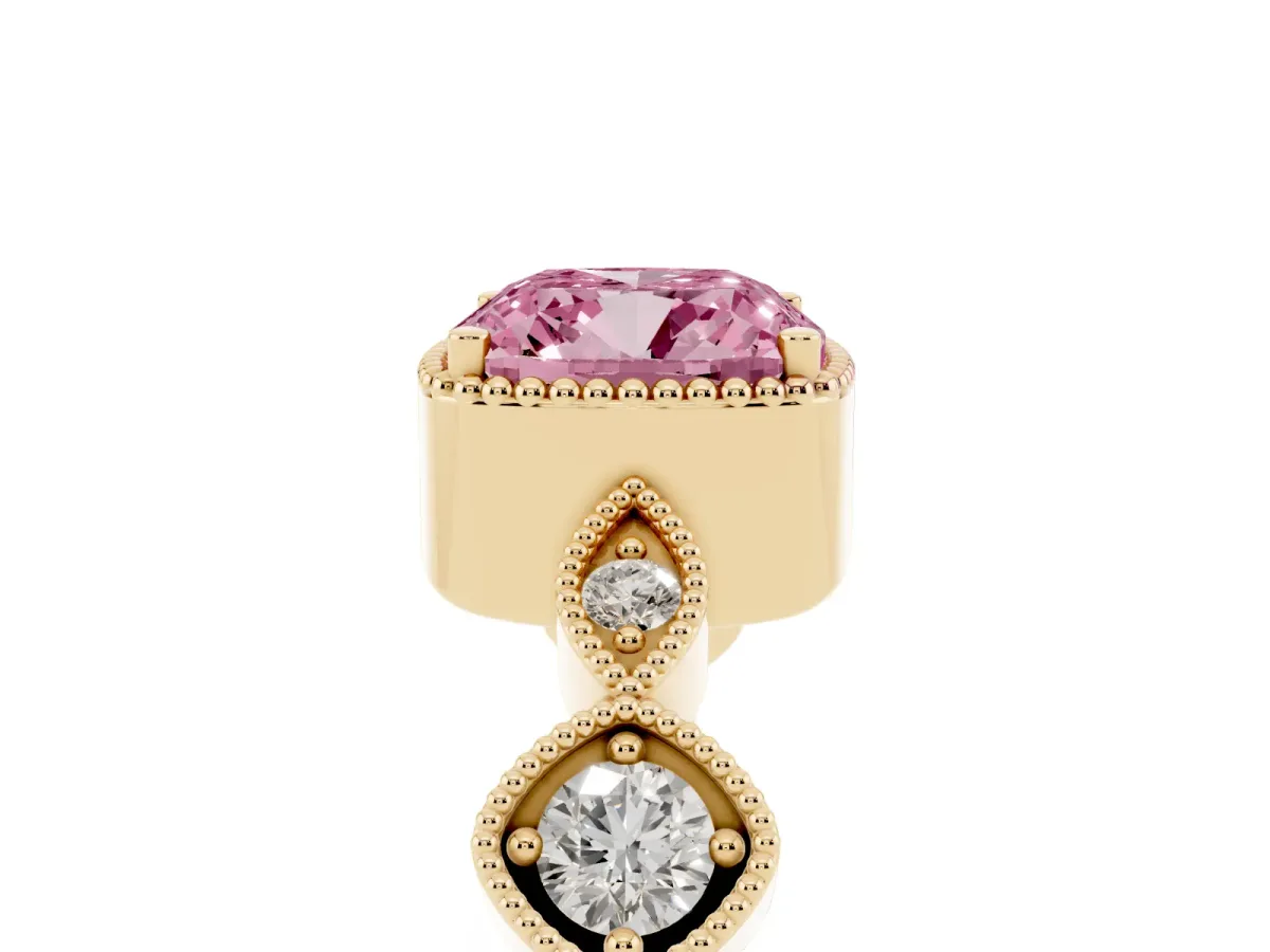 Fancy Pink Cushion Cut Diamond Vintage Milgrain Ring with Round Stations Yellow gold