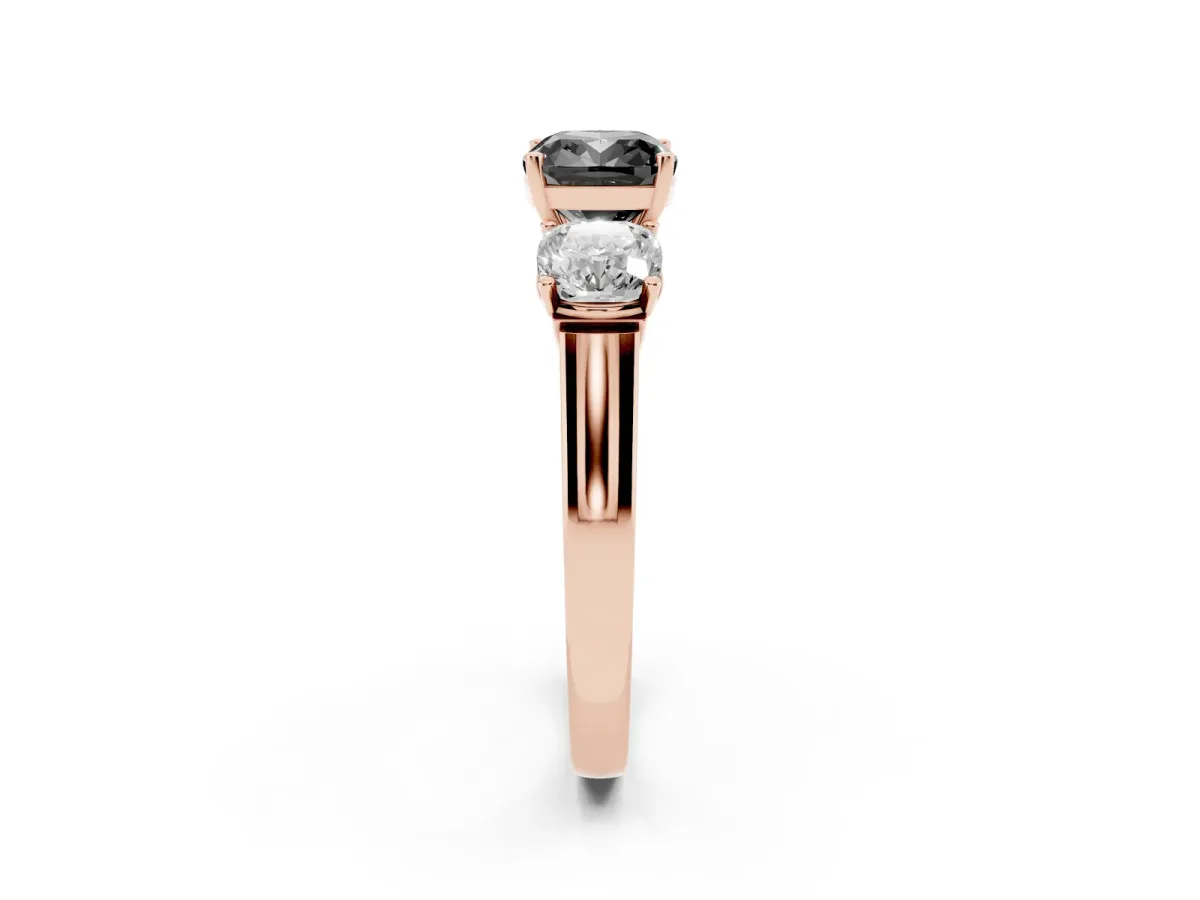 Fancy Black Three-Stone Cushion Cut Brilliant Diamond Trellis Ring with Comfort Fit Band Rose gold