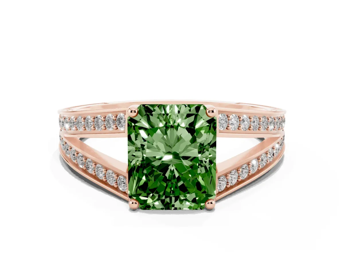 Fancy Green Radiant Cut Diamond Split Shank Ring with Pavé Band and Four-Prong Setting Rose gold