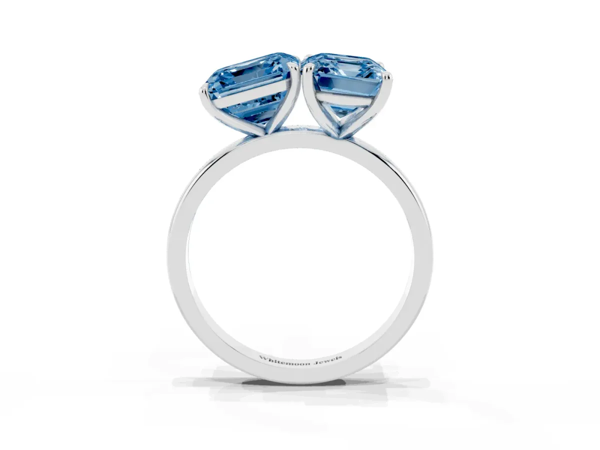 Fancy Blue Asscher Cut and Emerald Cut Toi Moi Ring with Prong Setting Platinum