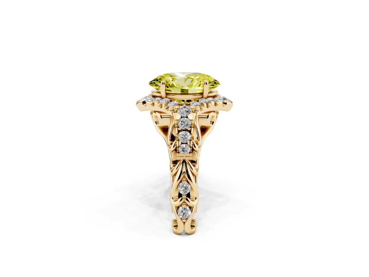 Fancy Yellow Oval Cut Diamond Solitaire Ring with Hidden Halo and Pavé Band Yellow gold