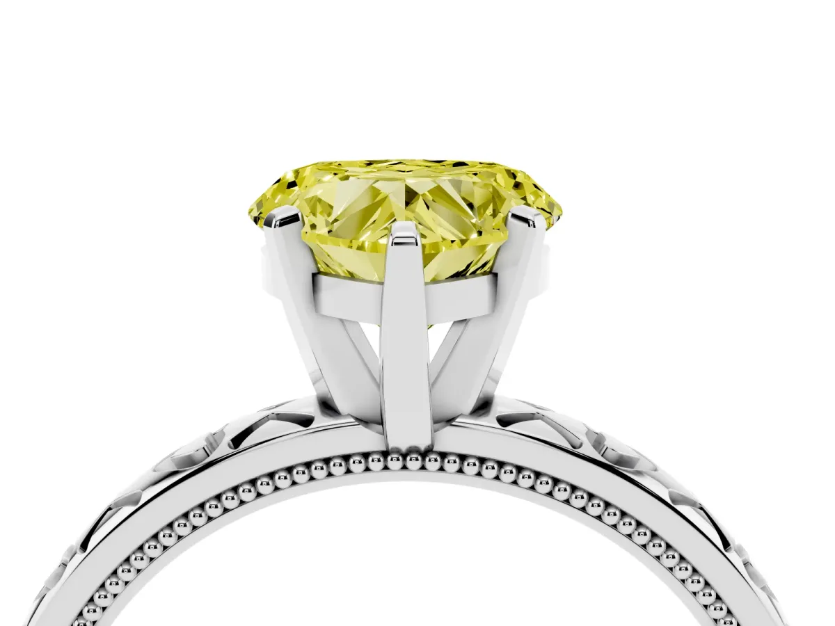 Fancy Yellow Heart Cut Solitaire Diamond Engagement Ring with XO Engraved Band and Four-Prong Setting White gold