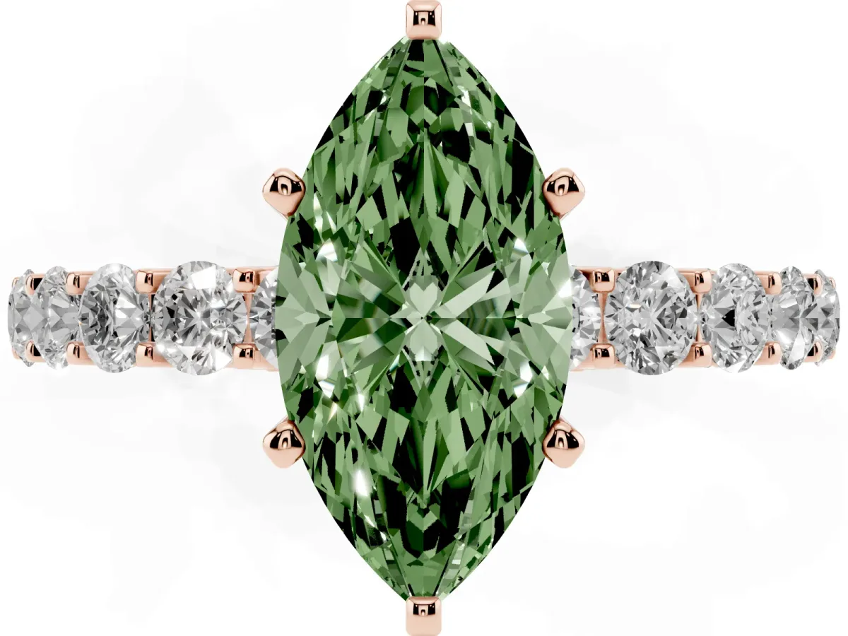 Fancy Green Marquise Cut Diamond Solitaire Ring with Shared Prong Pavé Band and Four-Prong Setting Rose gold