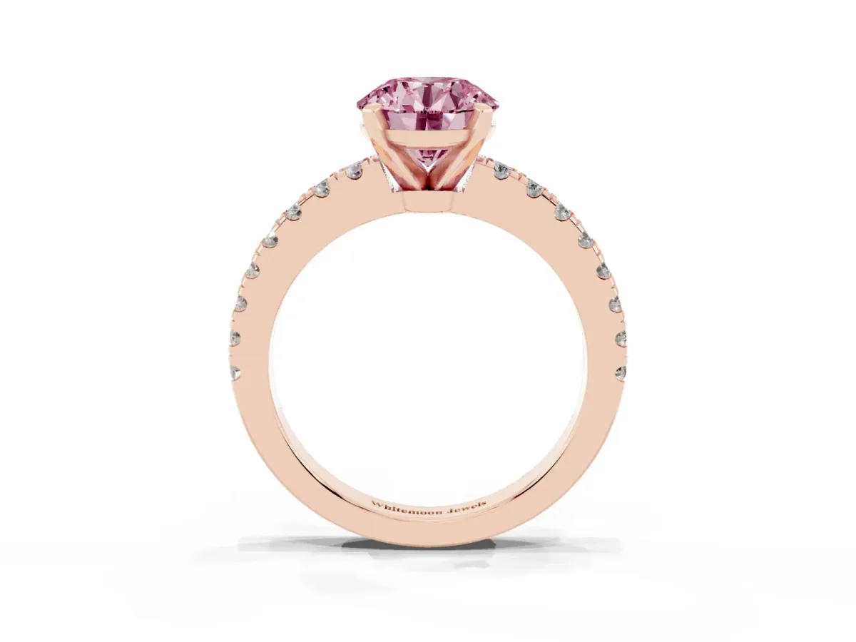 Fancy Pink Round Cut Solitaire Diamond with Pavé Band and Four-Prong Setting Rose gold