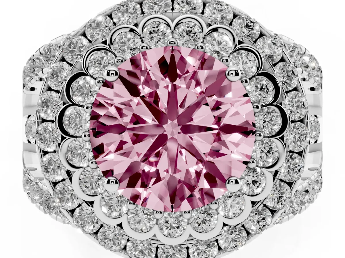 Fancy Pink Round Cut Diamond Double Halo Ring with Round Pavé Split Shank and Prong Setting Silver