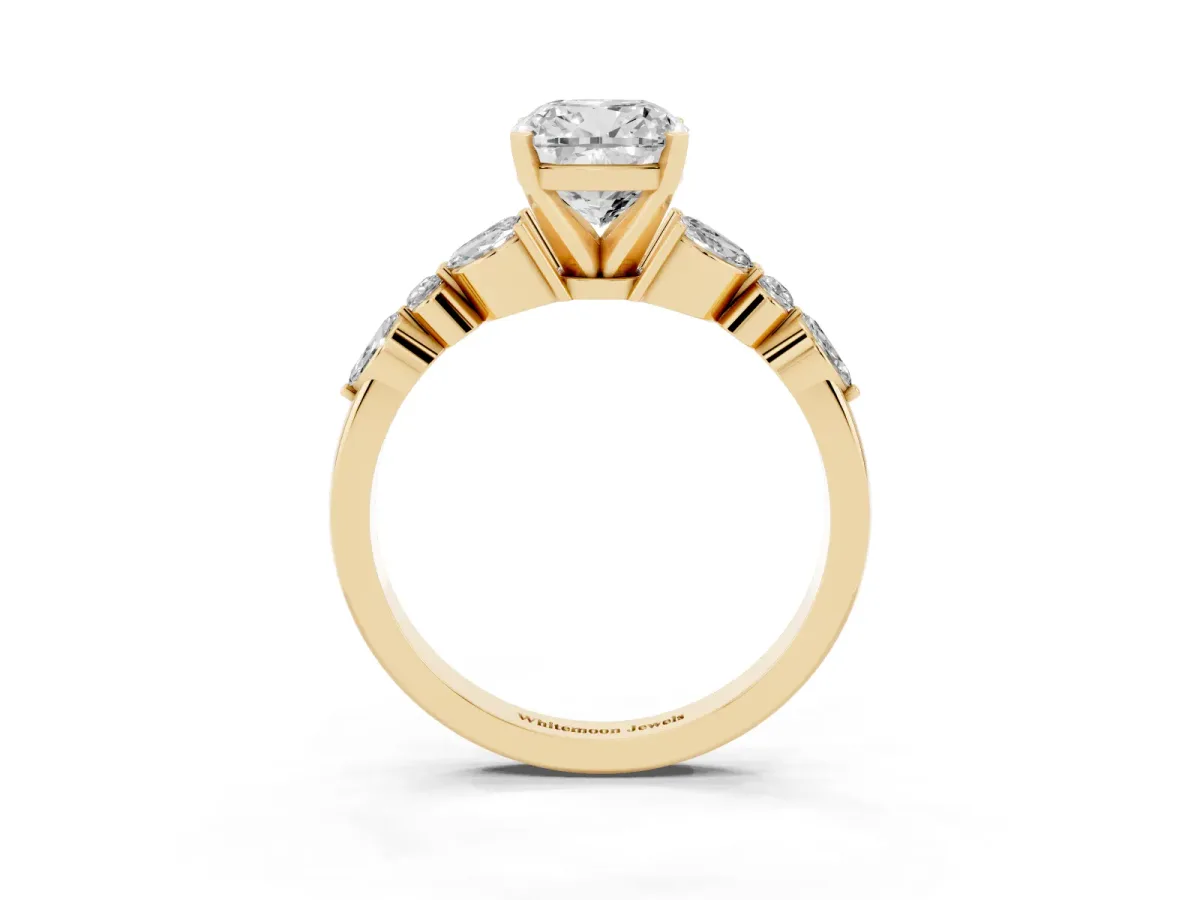 Cushion Cut Diamond Solitaire Ring with Side Stones and Four-Prong Setting Yellow gold