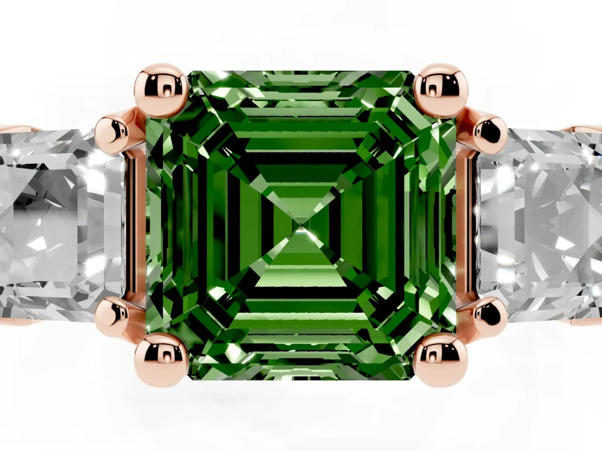 Fancy Green Asscher Cut Diamond Three-Stone Ring with Channel Set Band and Four-Prong Setting Rose gold