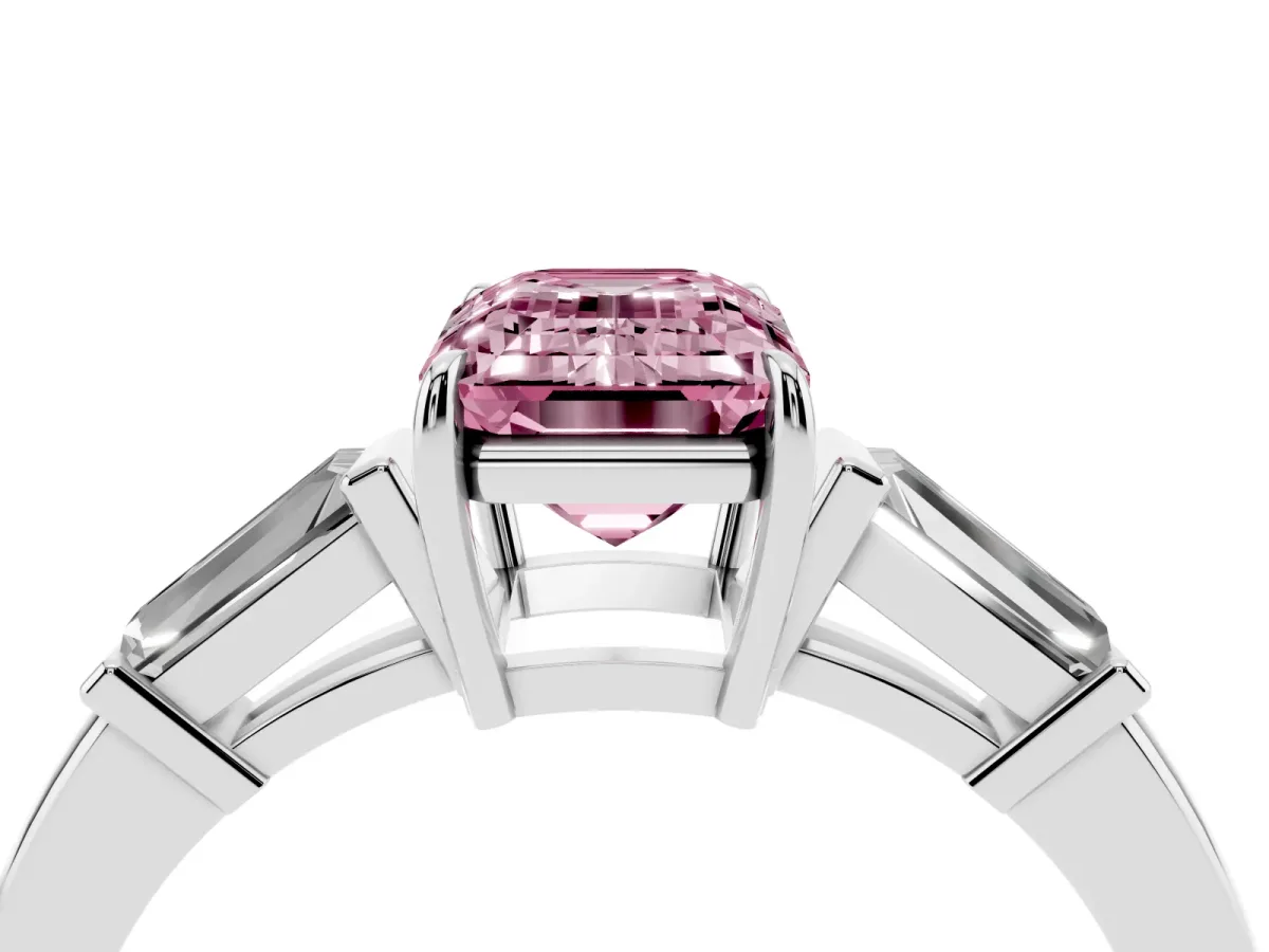 Fancy Pink Emerald Cut Diamond Three-Stone Ring with Tapered Baguette Side Stones and Prong Setting Platinum