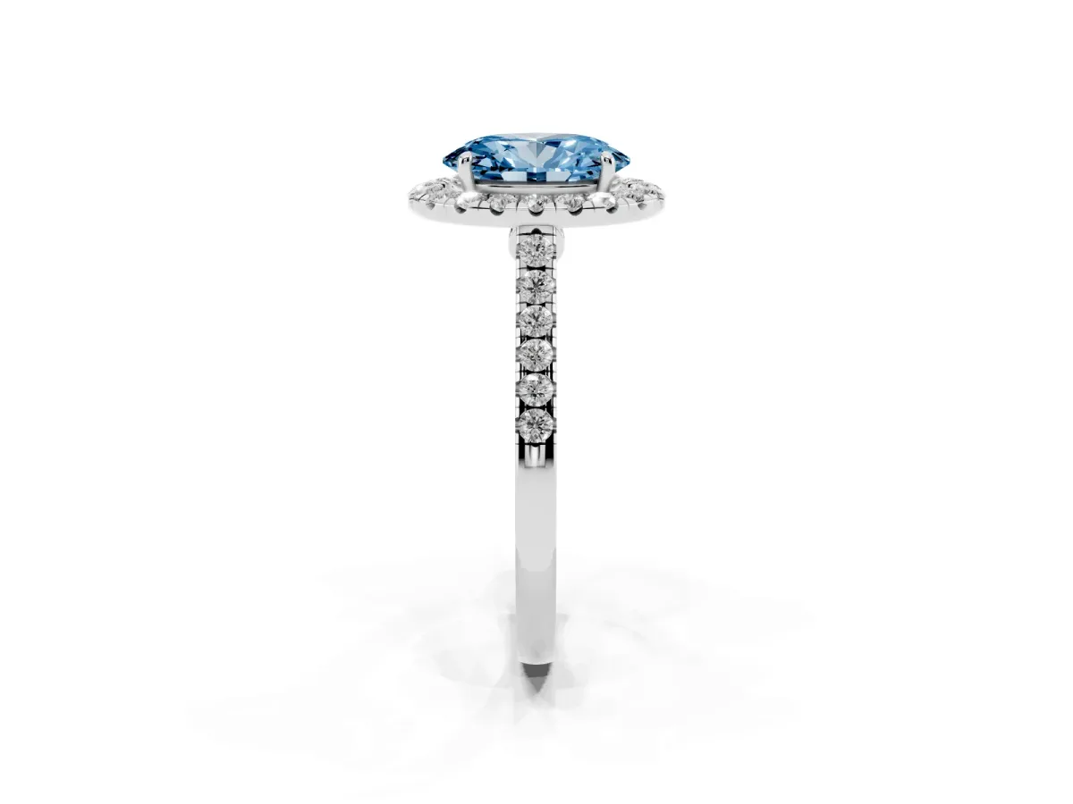 Fancy Blue Oval Cut Halo Pave Diamond Engagement Ring with Four-Prong Setting Silver