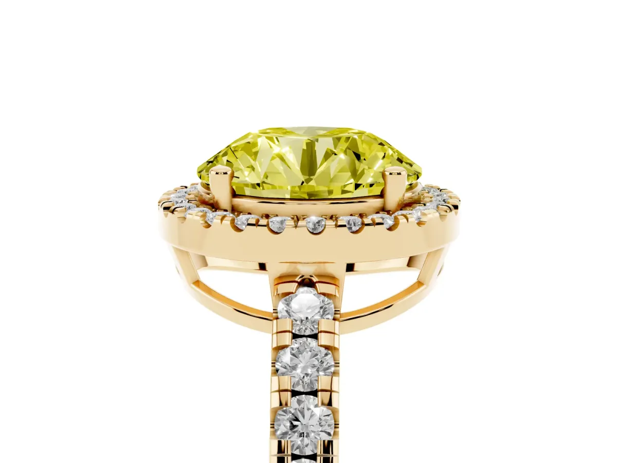Fancy Yellow Round Cut Diamond Halo Ring with Pavé Band and Four-Prong Setting Yellow gold