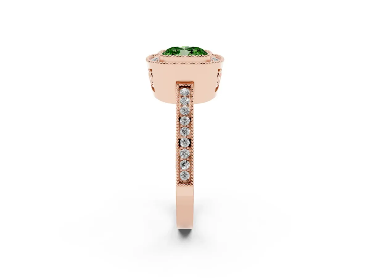 Fancy Green Cushion Cut Cut Halo Diamond Ring with Pavé Band and Milgrain Prong Setting Rose gold