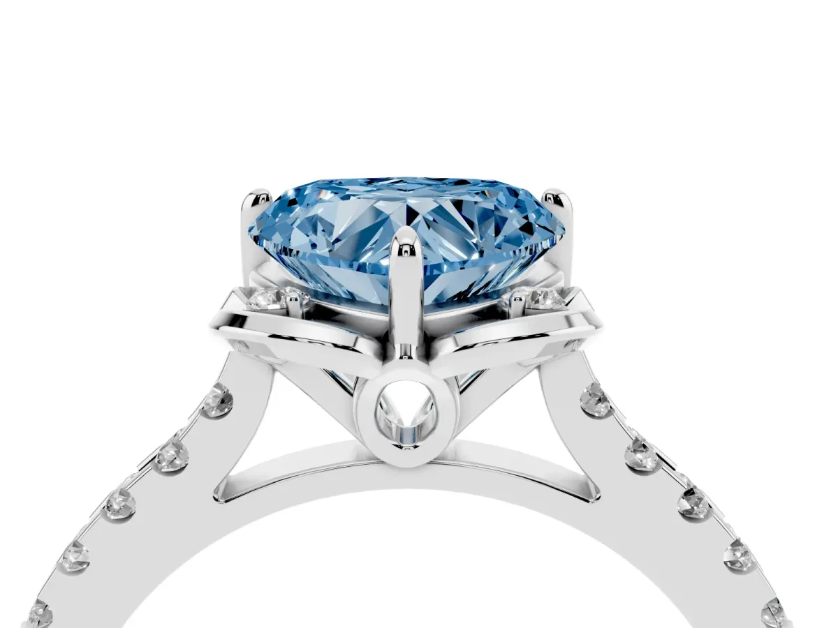 Fancy Blue Heart Cut Diamond Ring with Pavé Band and Floral Prong Setting White gold
