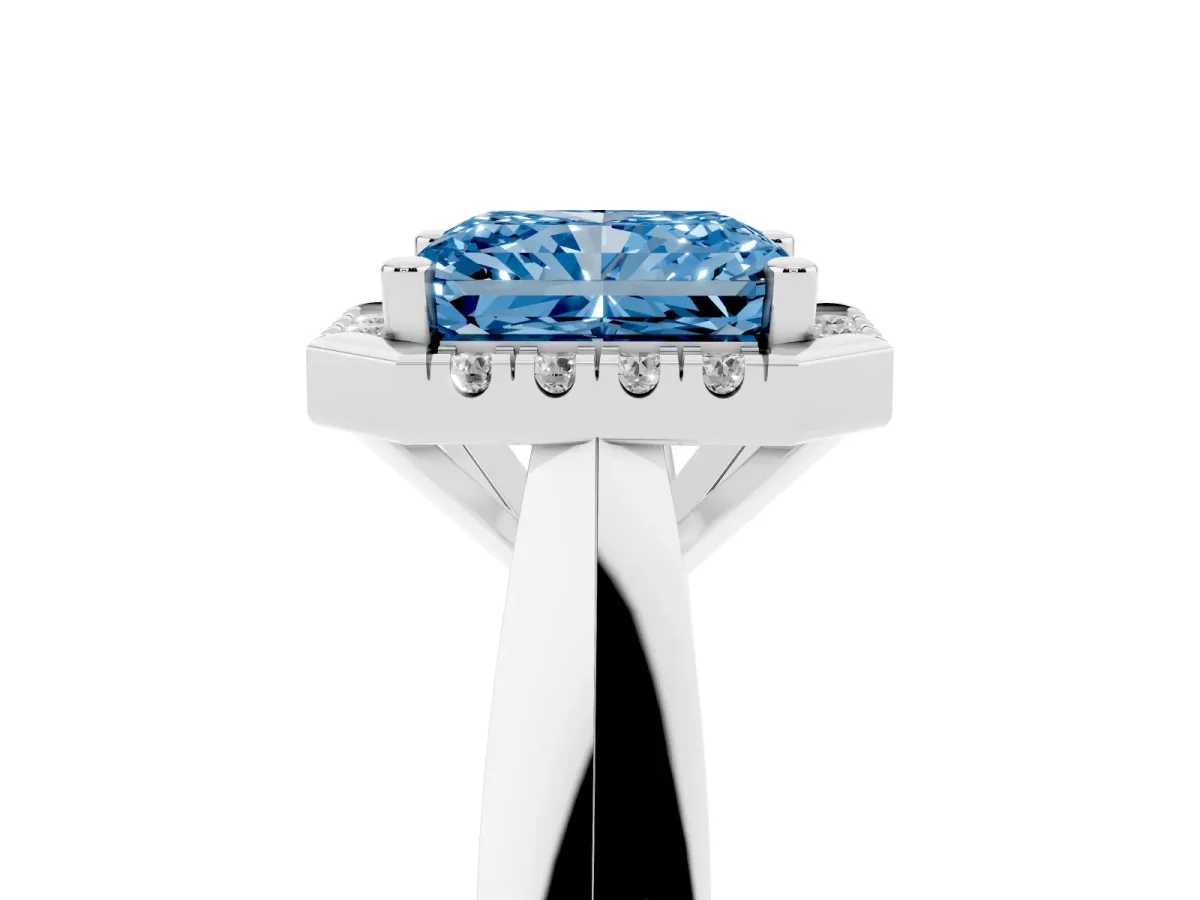 Fancy Blue Radiant Cut Cut Halo Solitaire Engagement Ring with Square Band and Four-Prong Setting Silver