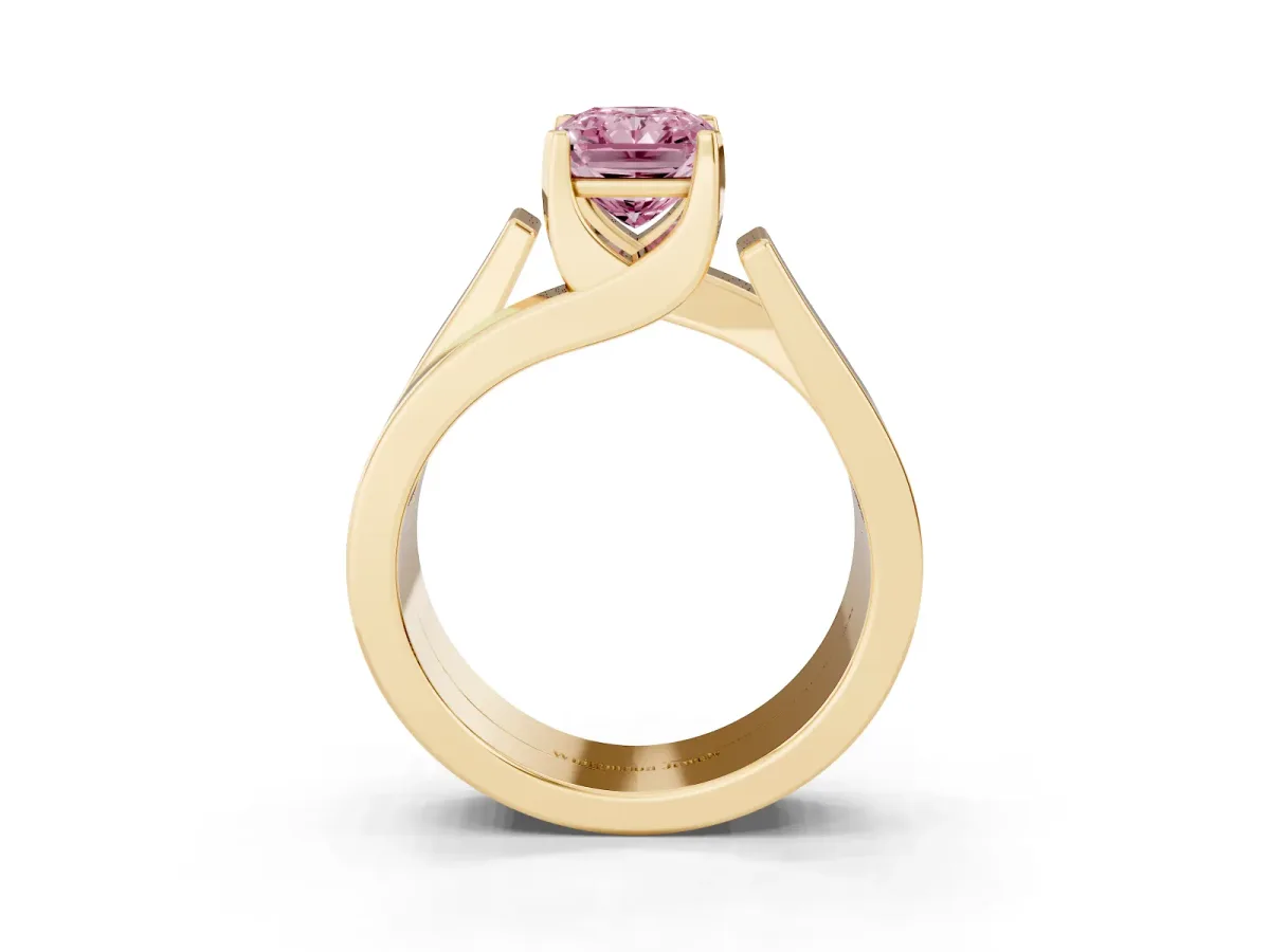 Fancy Pink Modern Tension Set Radiant Cut Diamond Solitaire Wide Band Ring Yellow gold