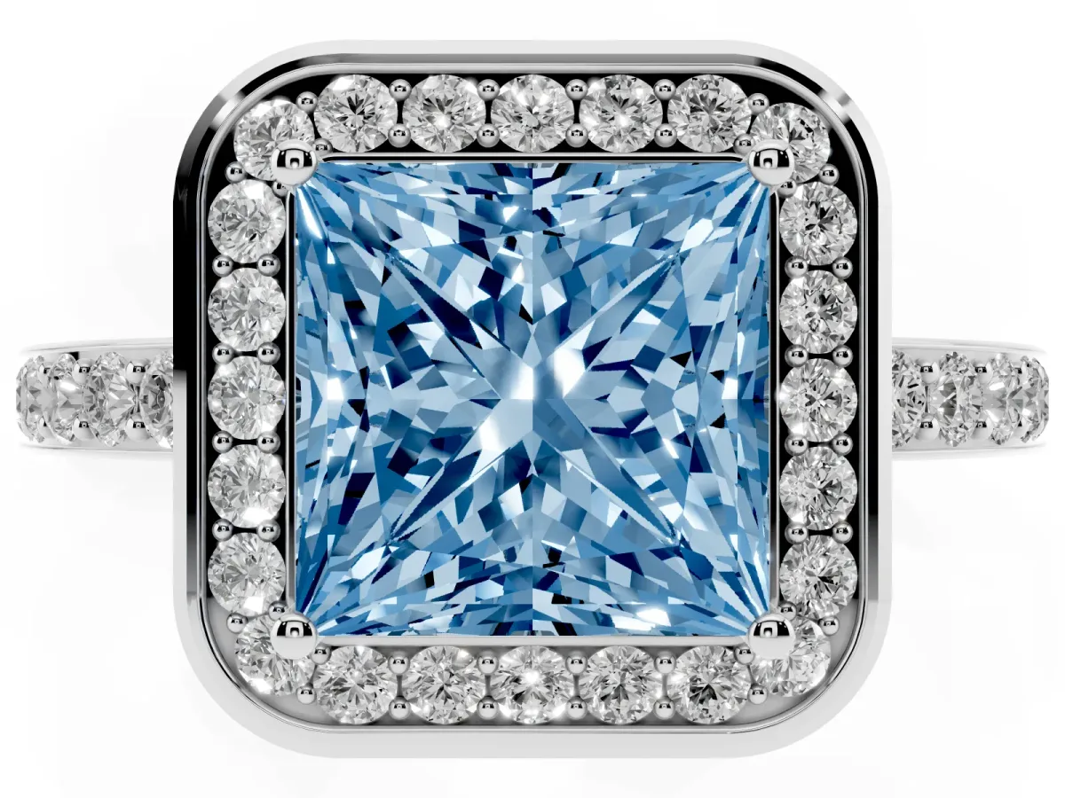 Fancy Blue Princess Cut Diamond Halo Ring with Bezel Frame and Pavé Band Silver