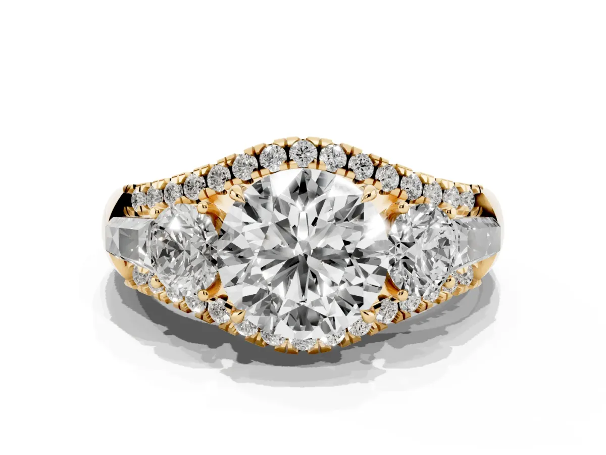 Three-Stone Round Cut Diamond Engagement Ring with Pave Band and Prong Setting Yellow gold