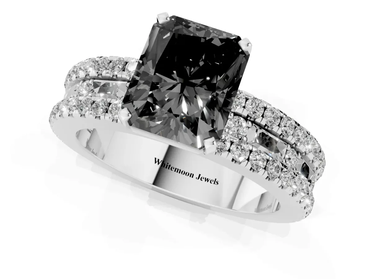 Fancy Black Radiant Cut Diamond Solitaire Ring with Pavé and Channel Set Band Silver